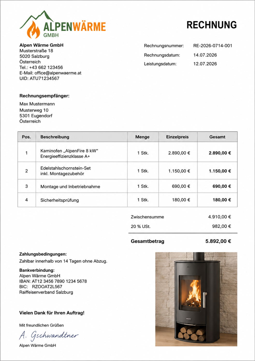 Fiktive Beispielrechnung für einen Holzofen